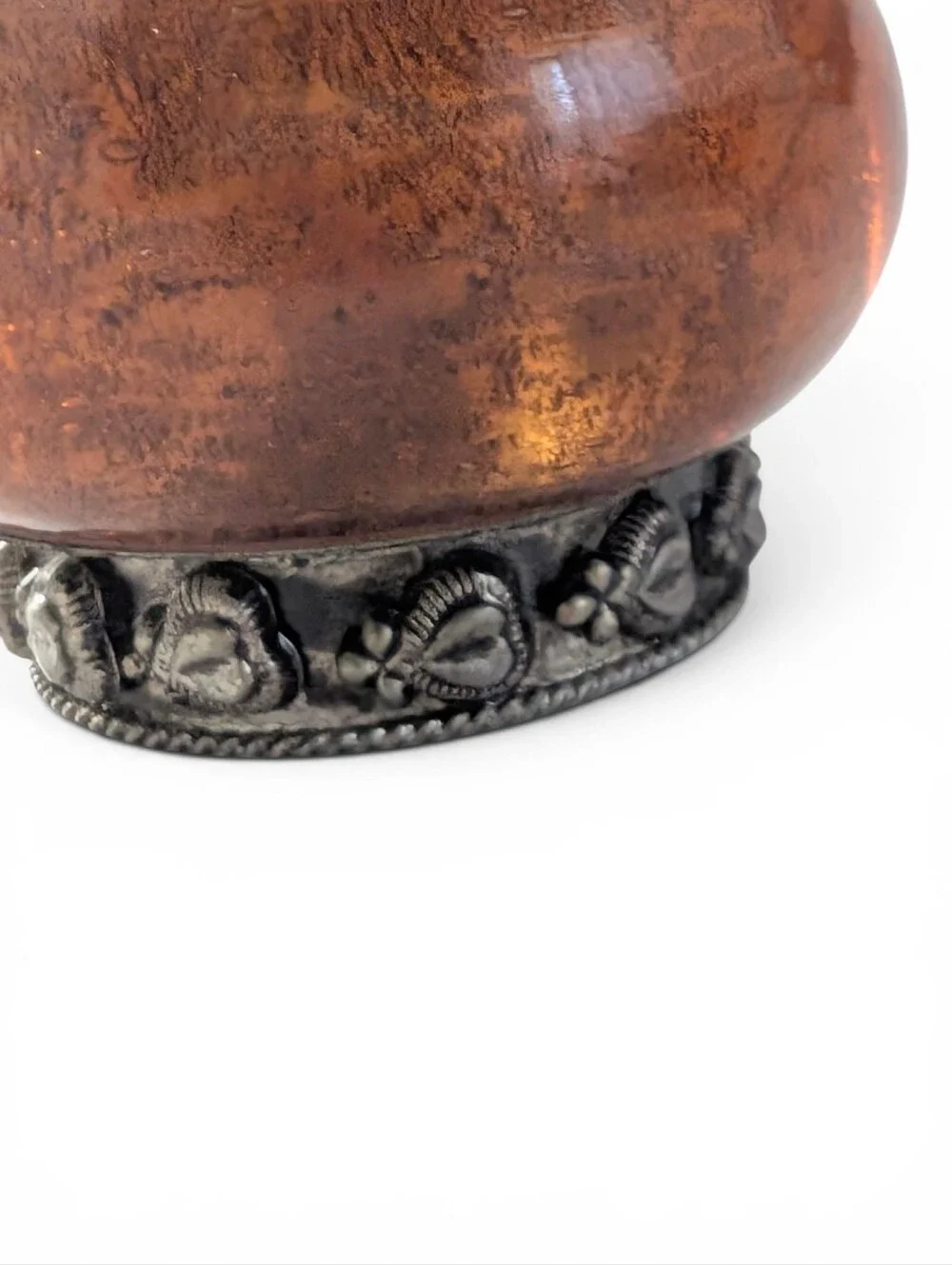 VINTAGE Amber Glass Silver Jar Ornate Moulding Trinket Keepsake